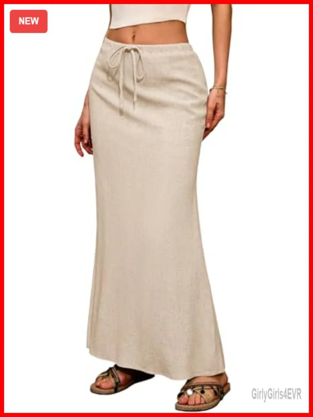 Linen Blend Flared Maxi Skirt Drawstring Ankle Length Summer Boho